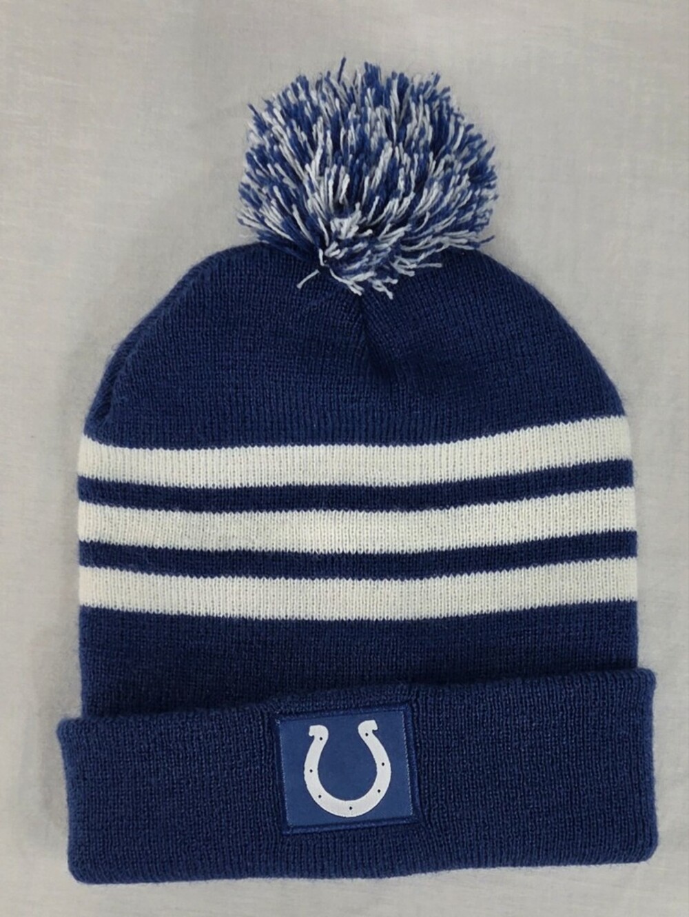 Indianapolis Colts Navy & White Striped Pom Beanie with Horseshoe Team Logo